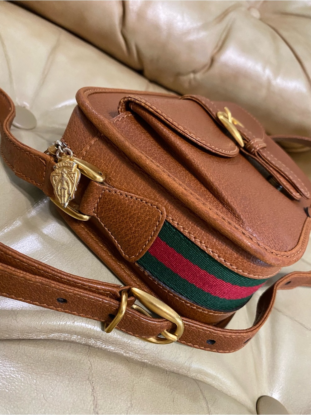 RARE Gucci Vintage Camera Bag COA Brown Web Stripe Crossbody